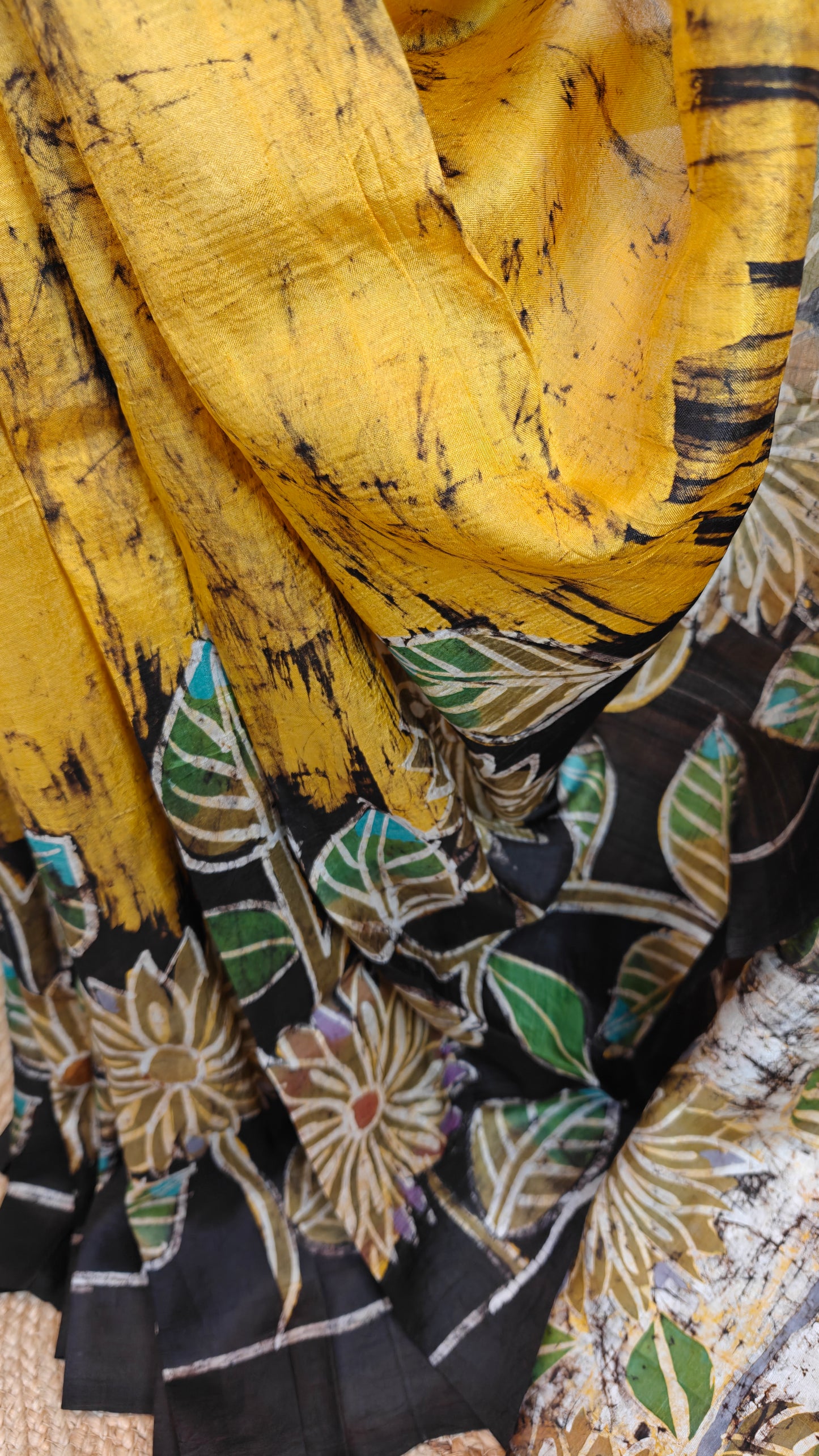 Sold out Pure Murshidabad 3-Ply Silk Mom batik Hand painted Saree – Sunshine & and Petals- Sold in Bangalore