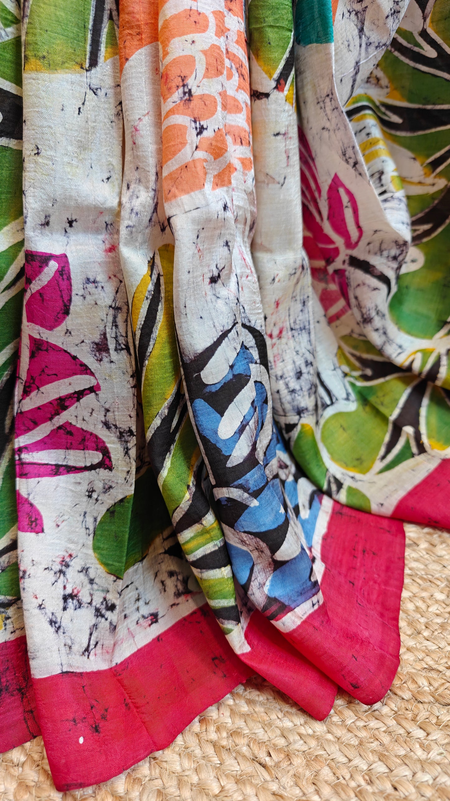 Pure Murshidabad 3-Ply Silk Mom batik Hand painted Saree – Nature’s Canvas in Silk