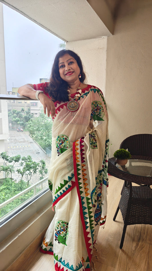 Hand Embroidery Appliqué Work Designer Saree – Off-White Zari Check Cotton Elegance-Sold in Bangalore
