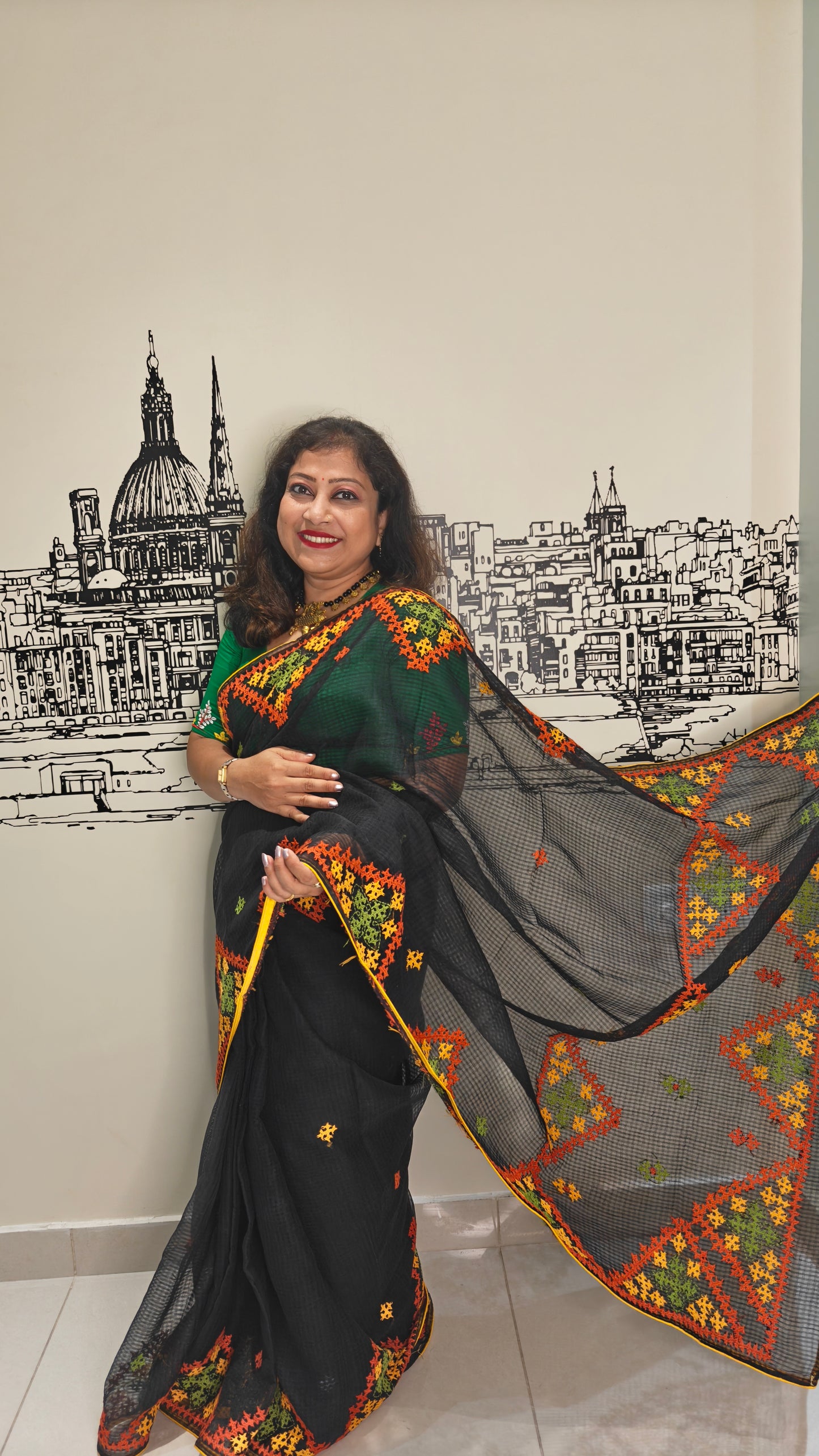 Pure Resham Kota Saree with Gujarati and Kutch Hand Embroidery