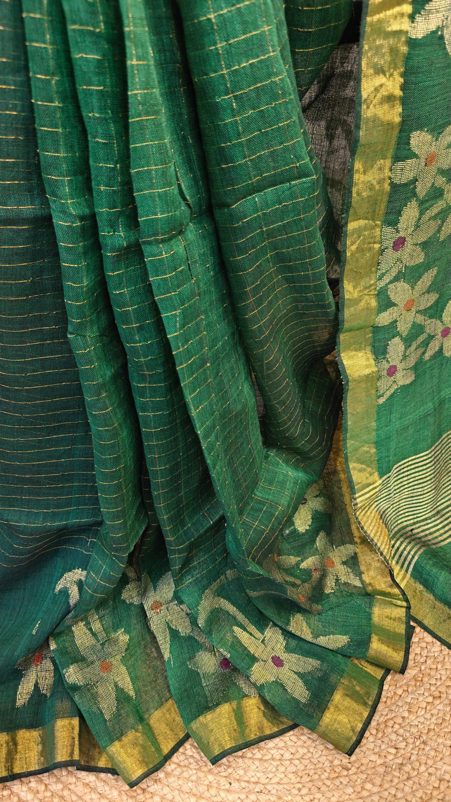 Handwoven Linen Jamdani Saree with Zari Check work