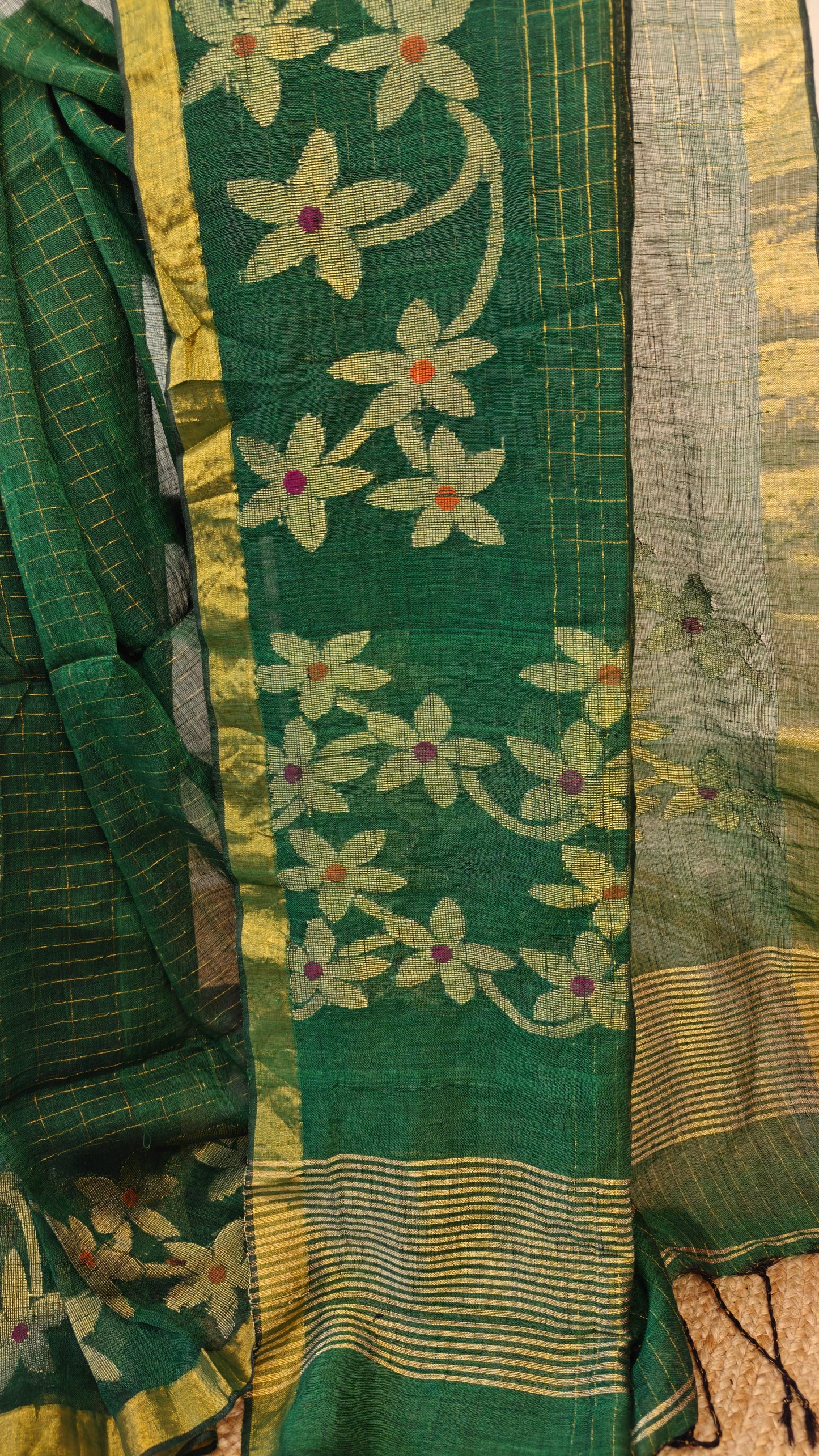 Handwoven Linen Jamdani Saree with Zari Check work