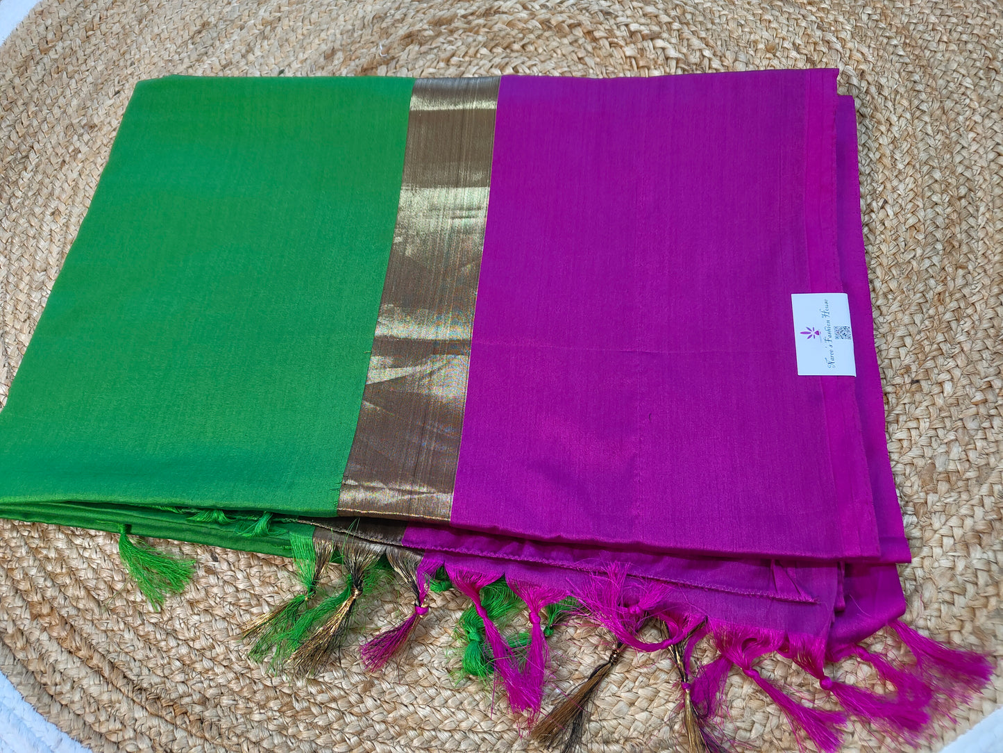 Premium Silk Saree in Green with Rani Pink and Gold Zari Border