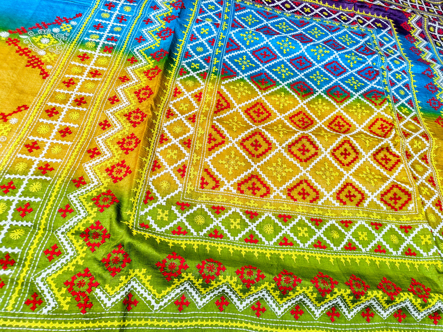 Sold out Pure Tussar Gachi Silk Kantha Saree with Vibrant Dye and Handcrafted Gujarati Embroidery