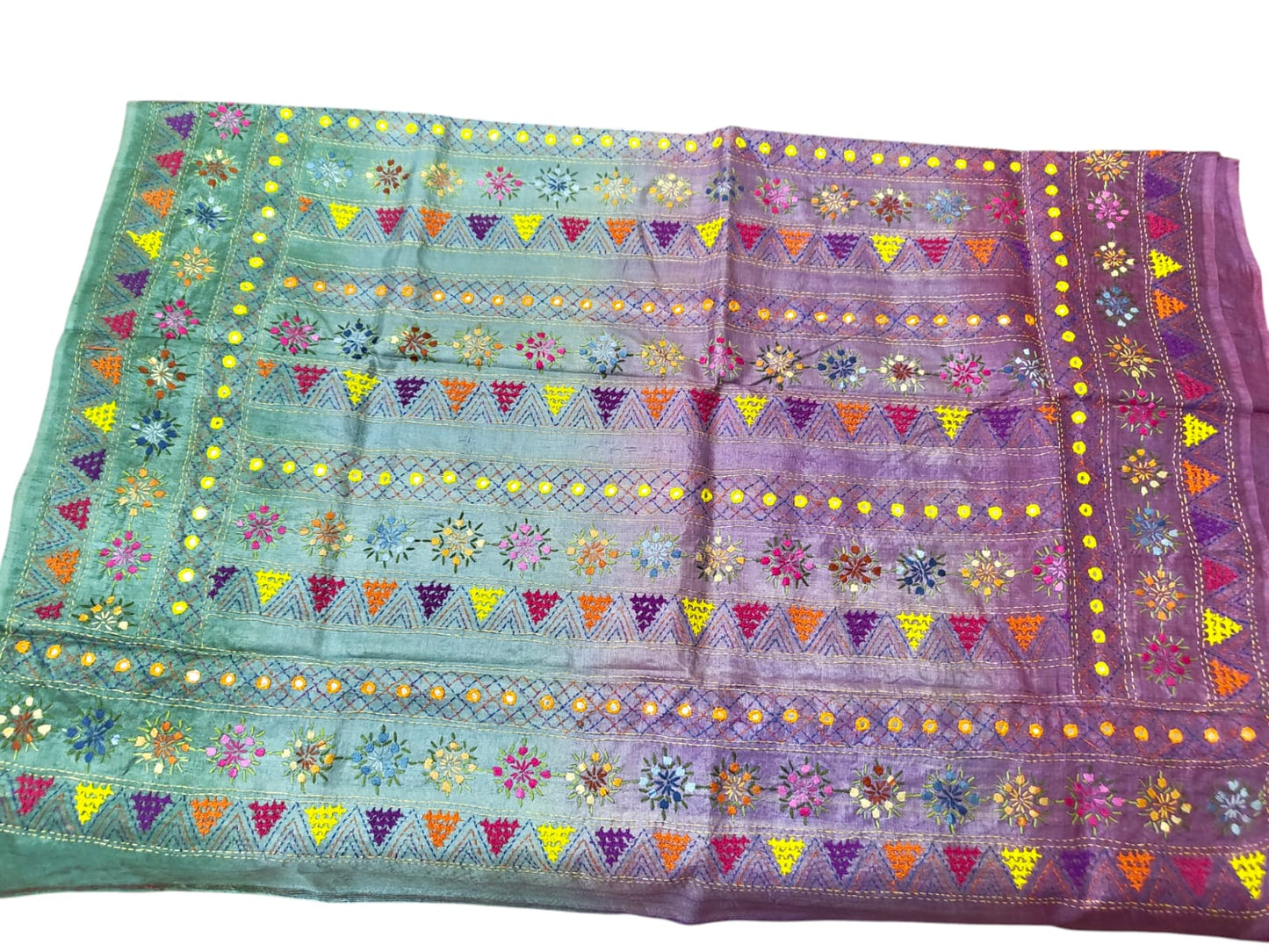 Sold out Pure Tussar Silk Saree with Vibrant Dye and Handcrafted Lumbani Embroidery-Sold in Bangalore