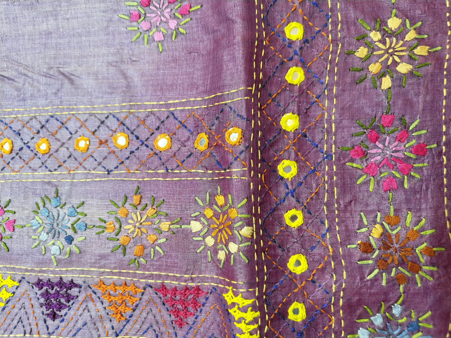 Sold out Pure Tussar Silk Saree with Vibrant Dye and Handcrafted Lumbani Embroidery-Sold in Bangalore