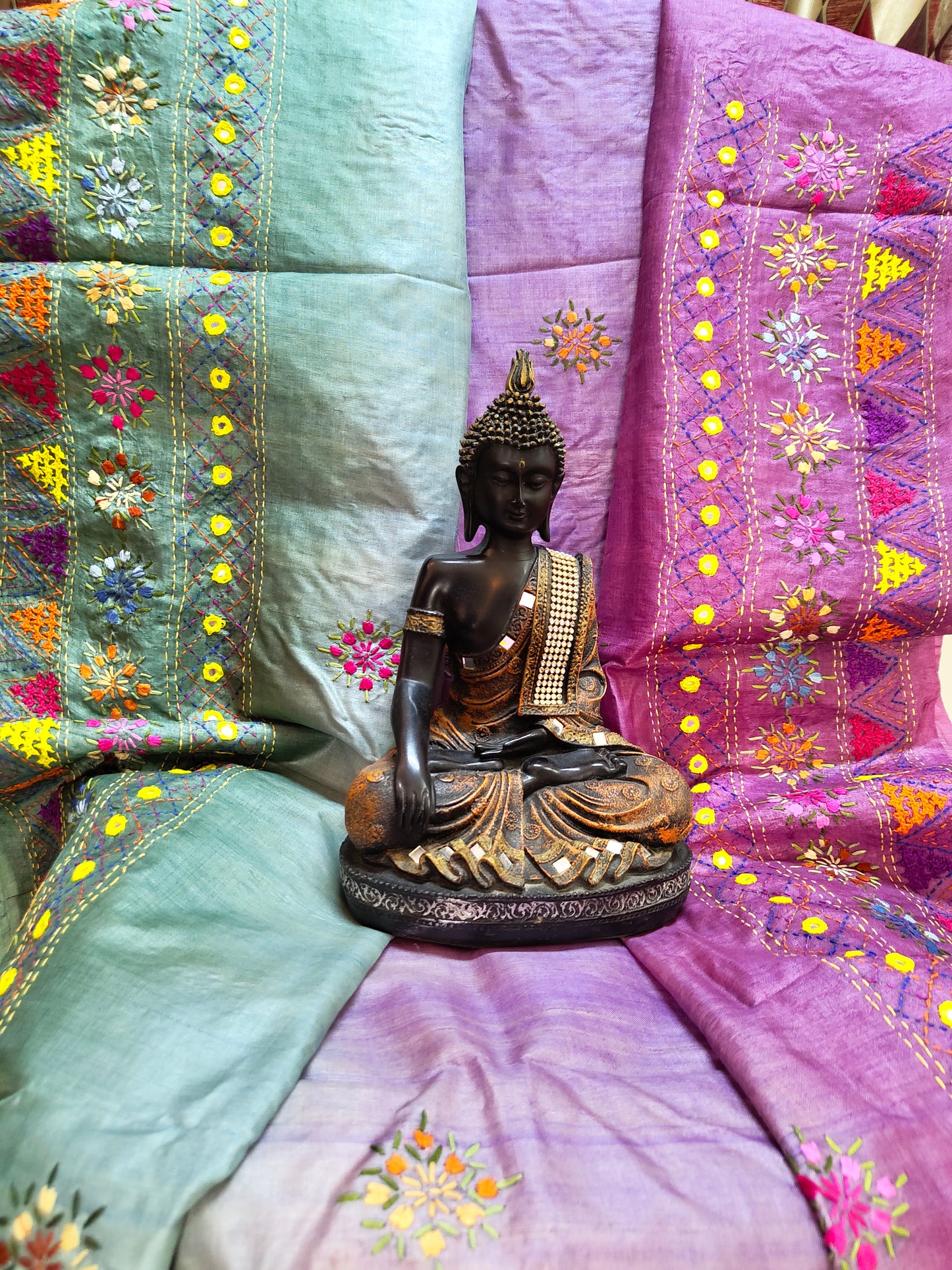 Sold out Pure Tussar Silk Saree with Vibrant Dye and Handcrafted Lumbani Embroidery-Sold in Bangalore