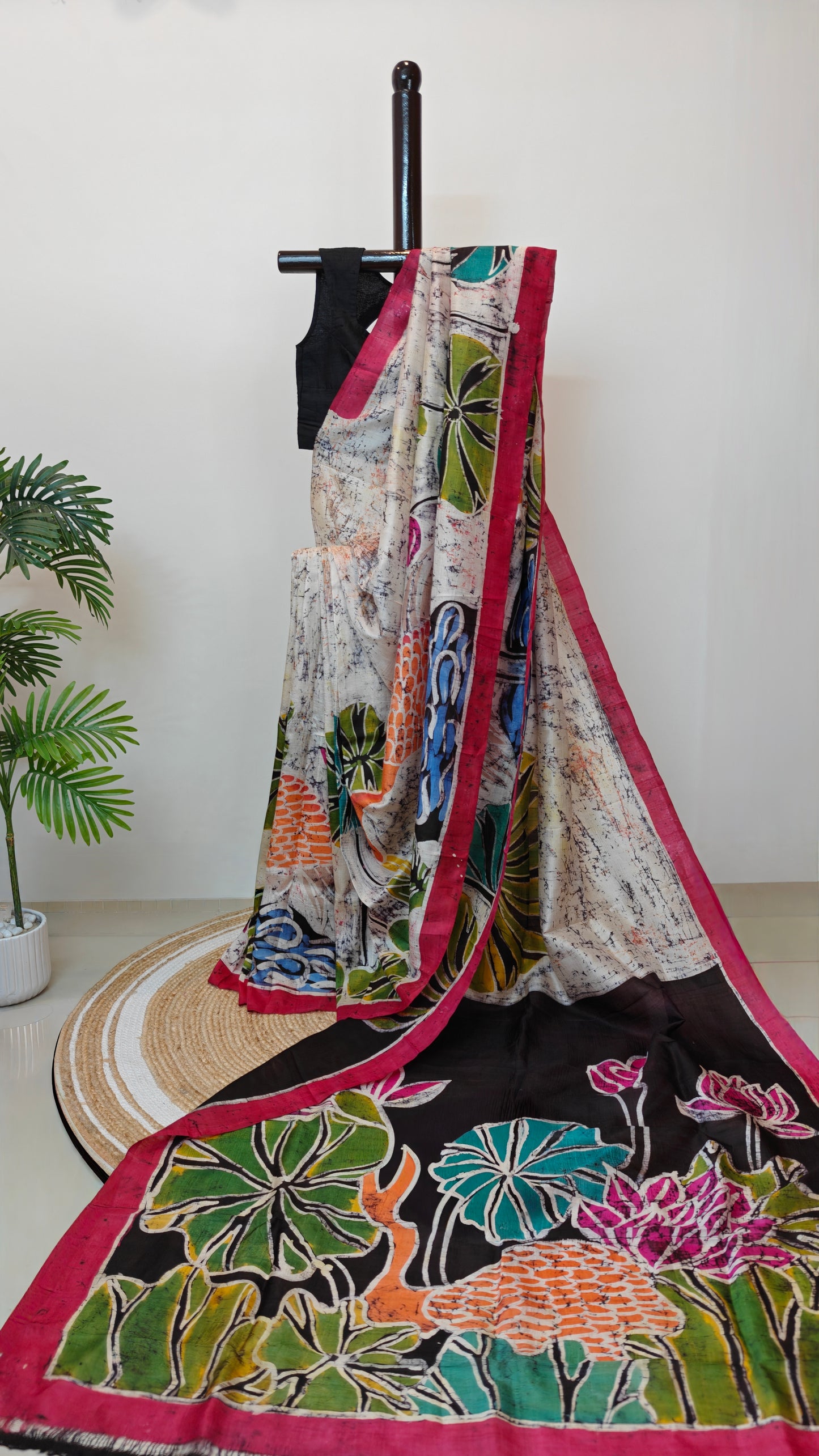 Pure Murshidabad 3-Ply Silk Mom batik Hand painted Saree – Nature’s Canvas in Silk