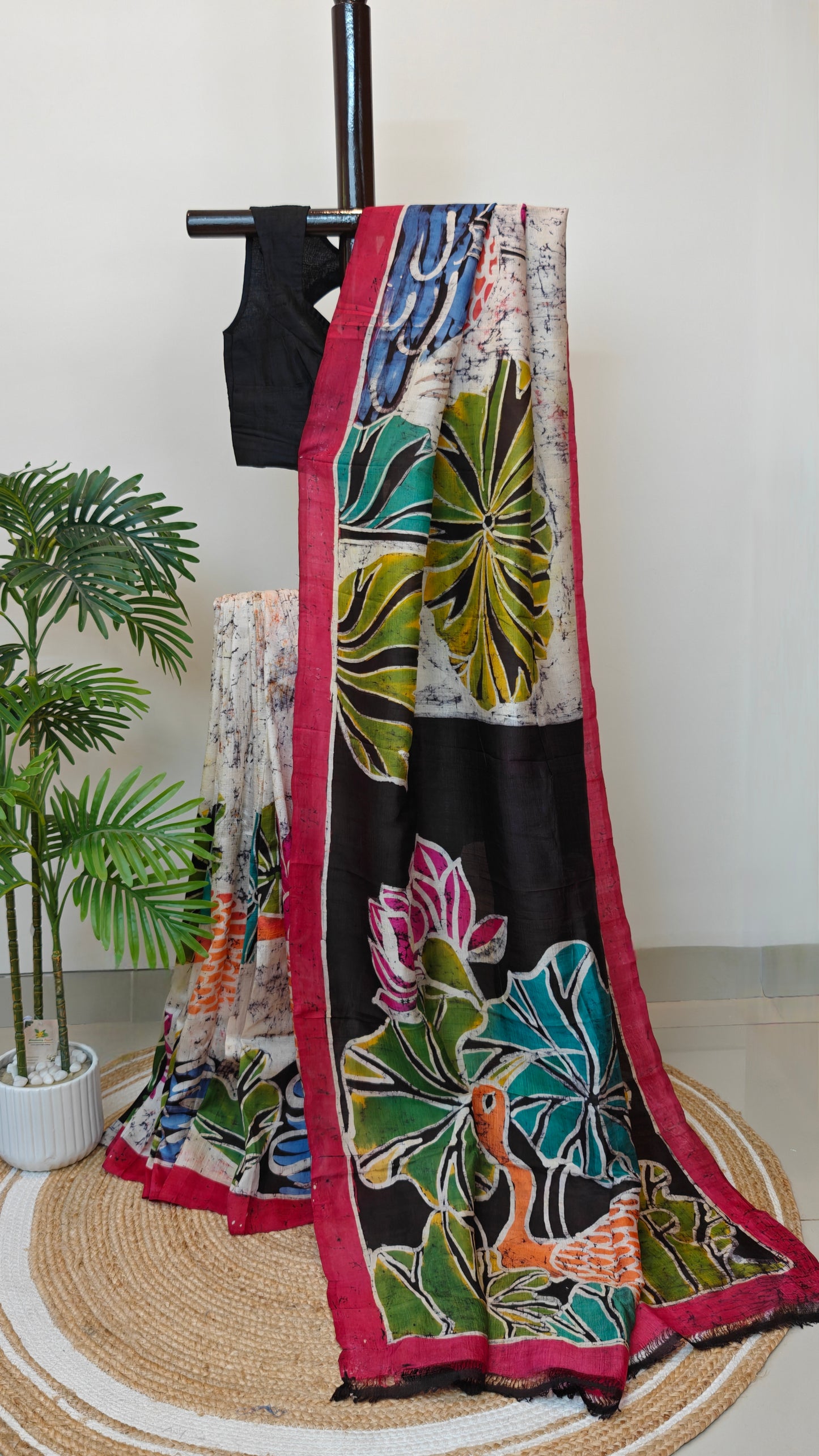 Pure Murshidabad 3-Ply Silk Mom batik Hand painted Saree – Nature’s Canvas in Silk