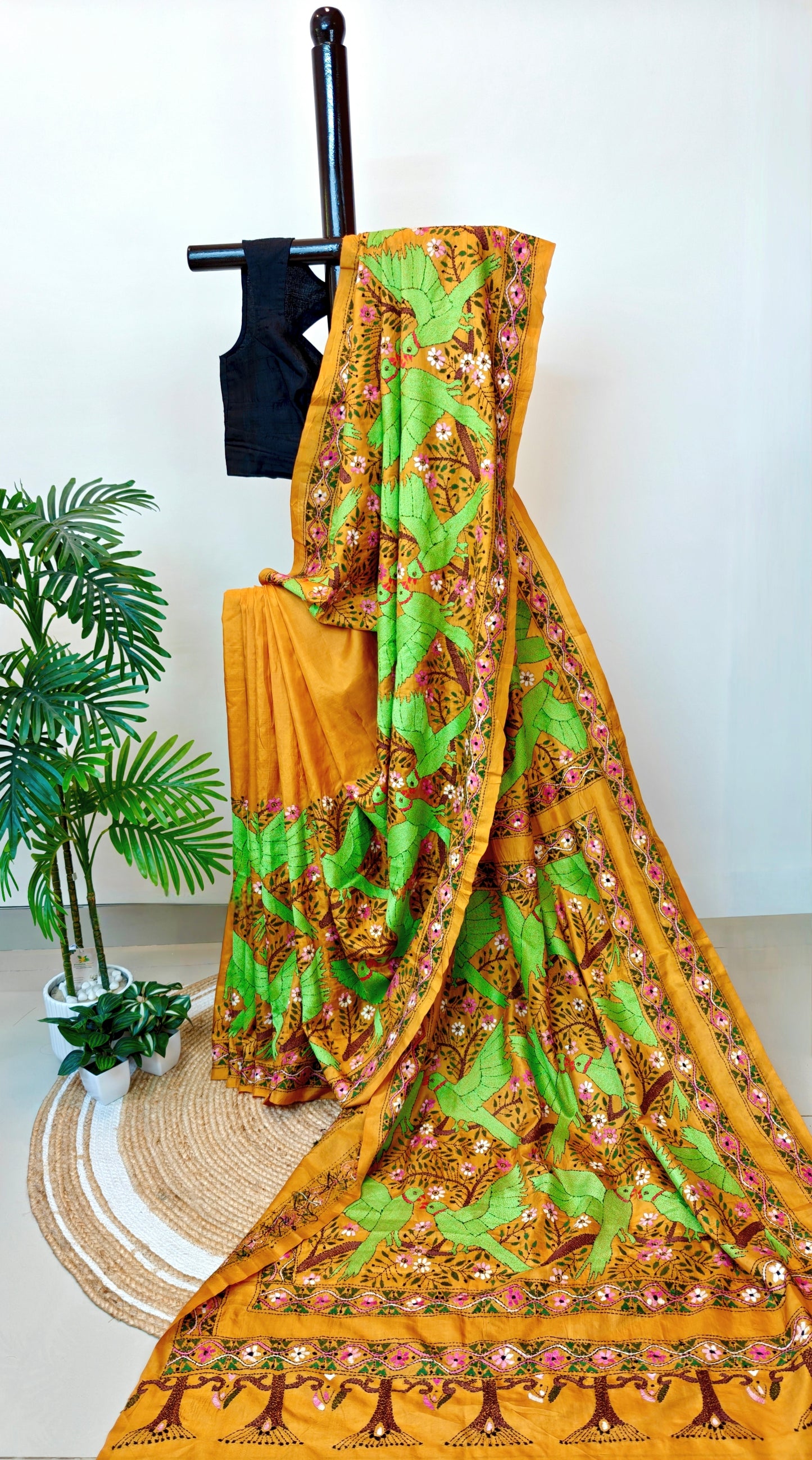 Pure Bangalore Silk  Exclusive Kantha Saree in  Golden Yellow