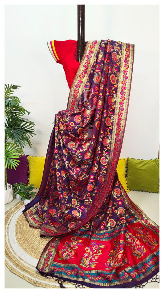 Kanni Semi Silk Pashmina Woven Premium Saree – Regal Wine Elegance