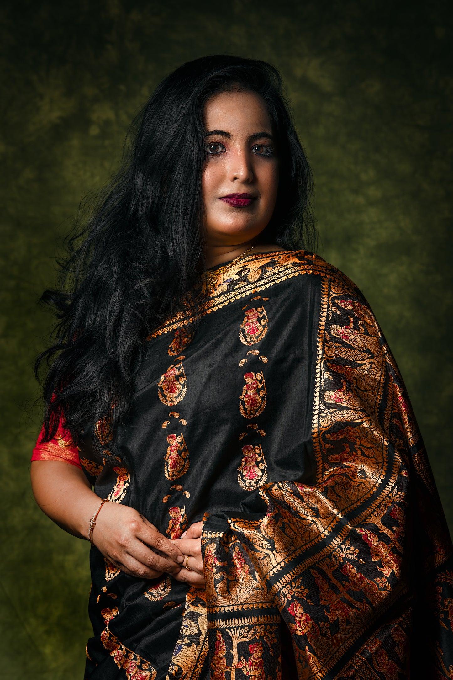 Sold out Pure Baluchari Authentic Saree in Black with Copper Resham and Red-Blue Minakari Work,- Sold in Bangalore