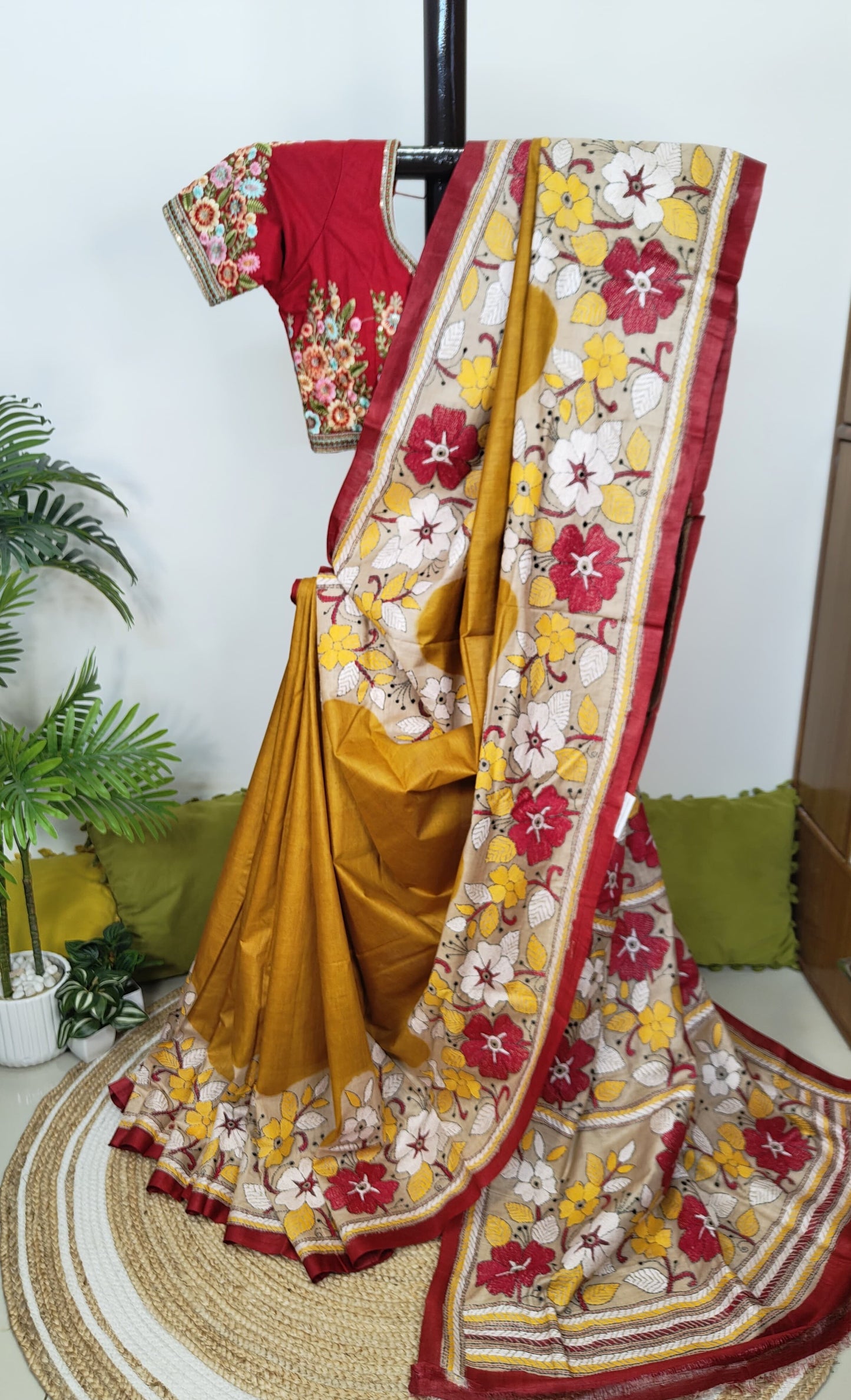 Sold Out Pure Tussar Gachi Silk Kantha Saree– A Mustard Marvel-Sold in Bangalore