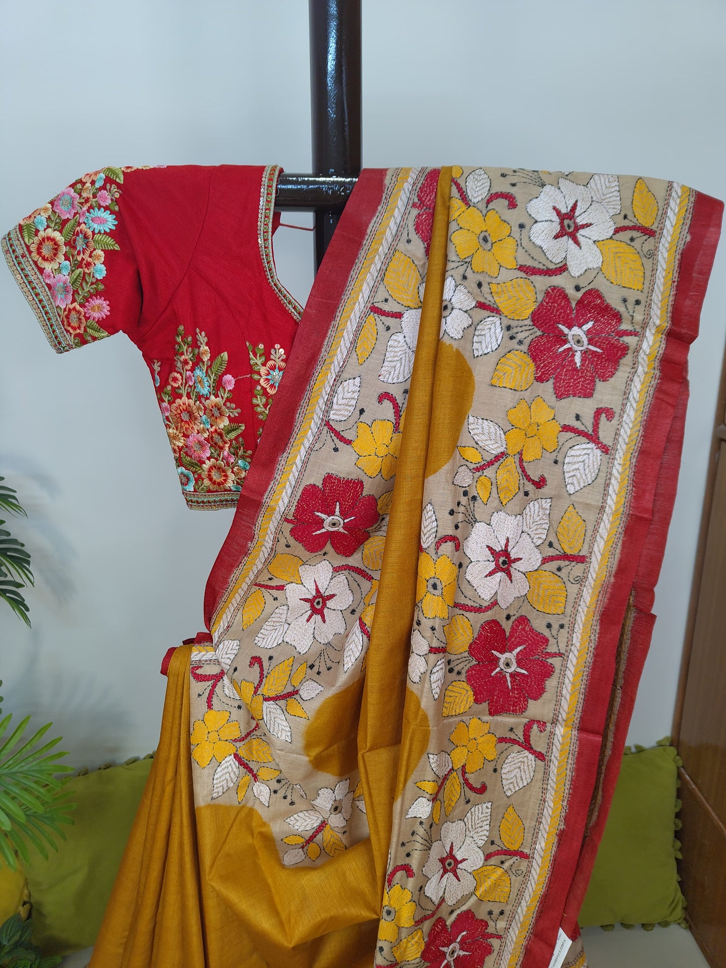 Sold Out Pure Tussar Gachi Silk Kantha Saree– A Mustard Marvel-Sold in Bangalore