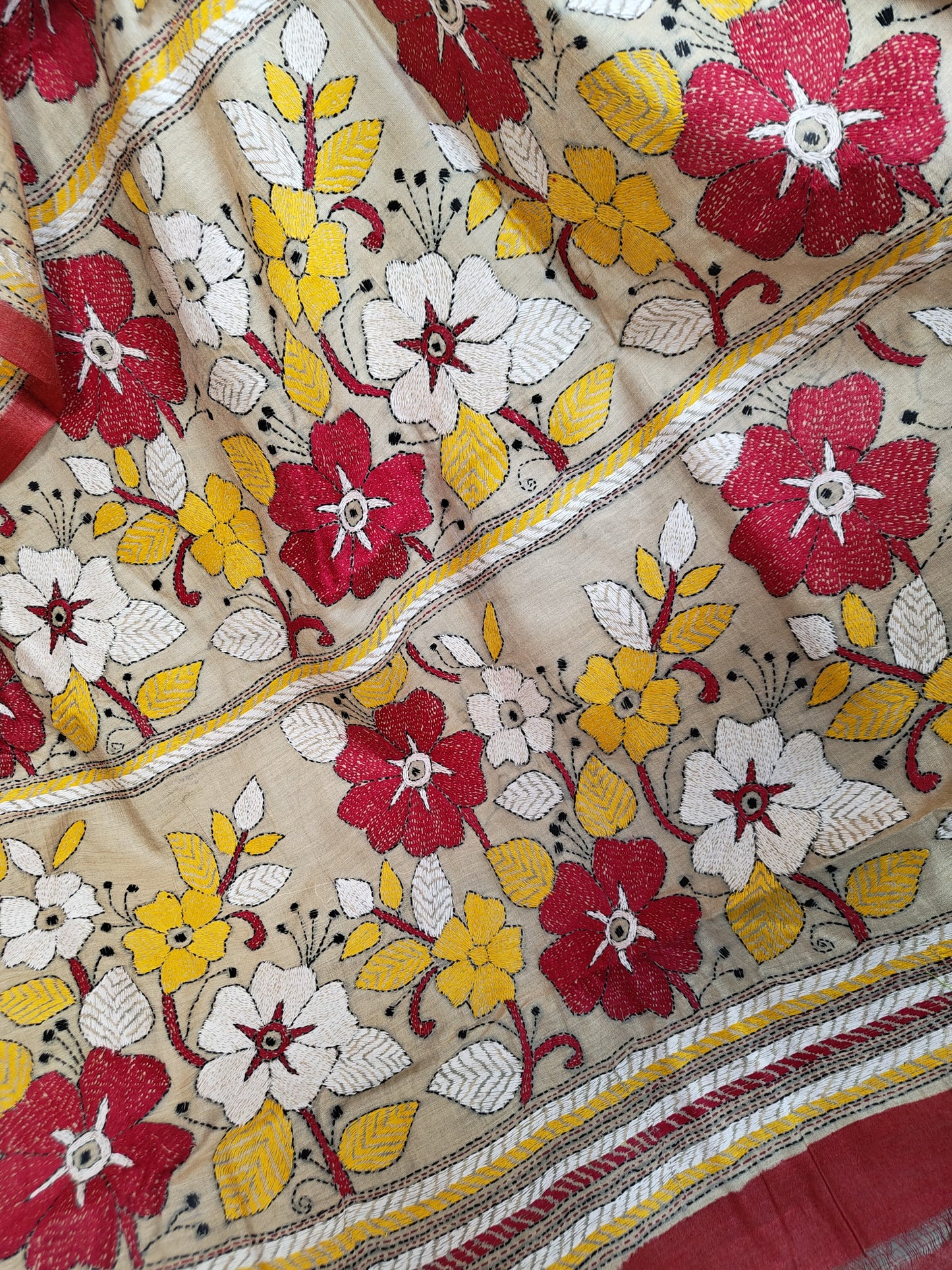 Sold Out Pure Tussar Gachi Silk Kantha Saree– A Mustard Marvel-Sold in Bangalore