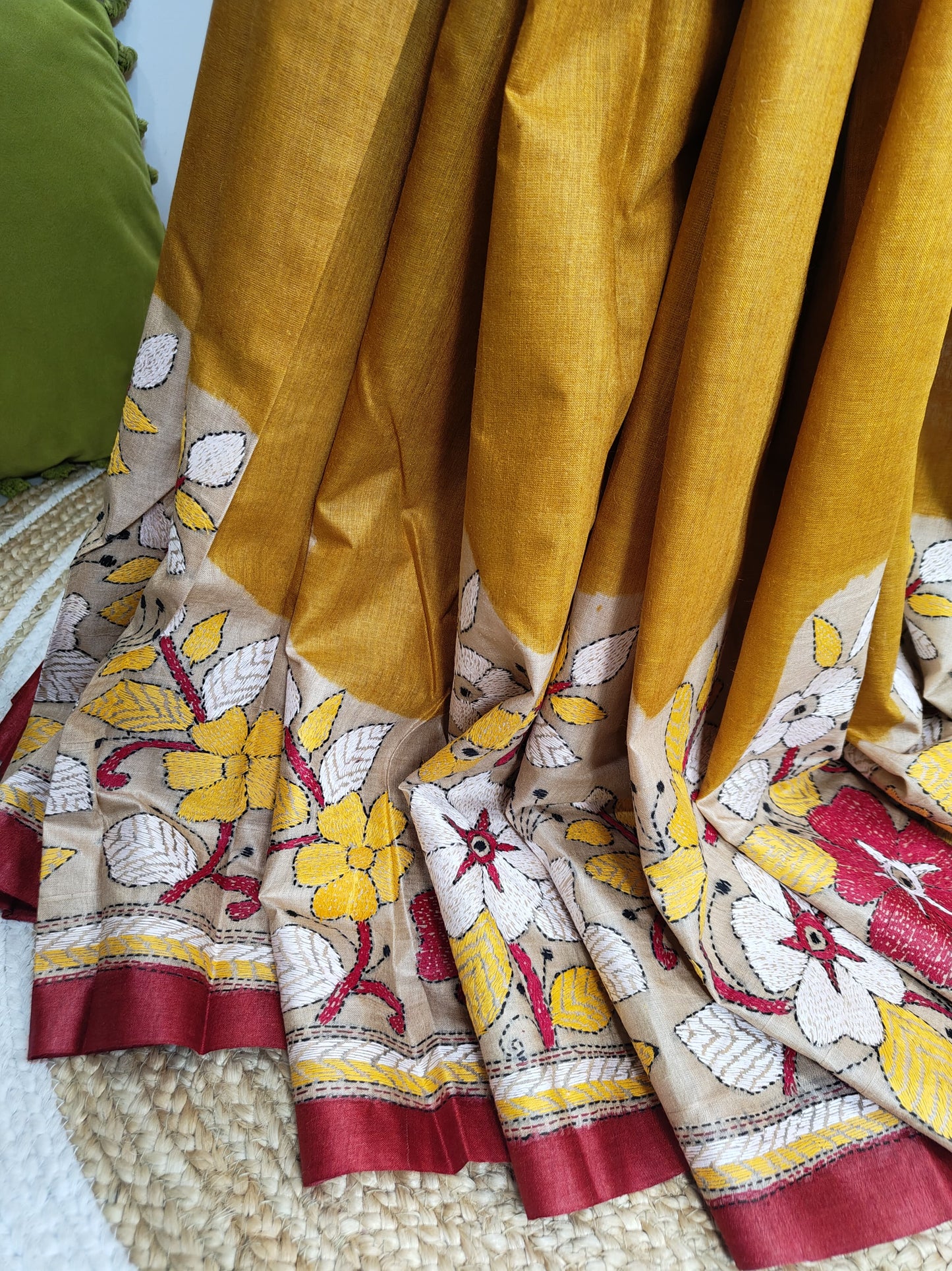 Sold Out Pure Tussar Gachi Silk Kantha Saree– A Mustard Marvel-Sold in Bangalore