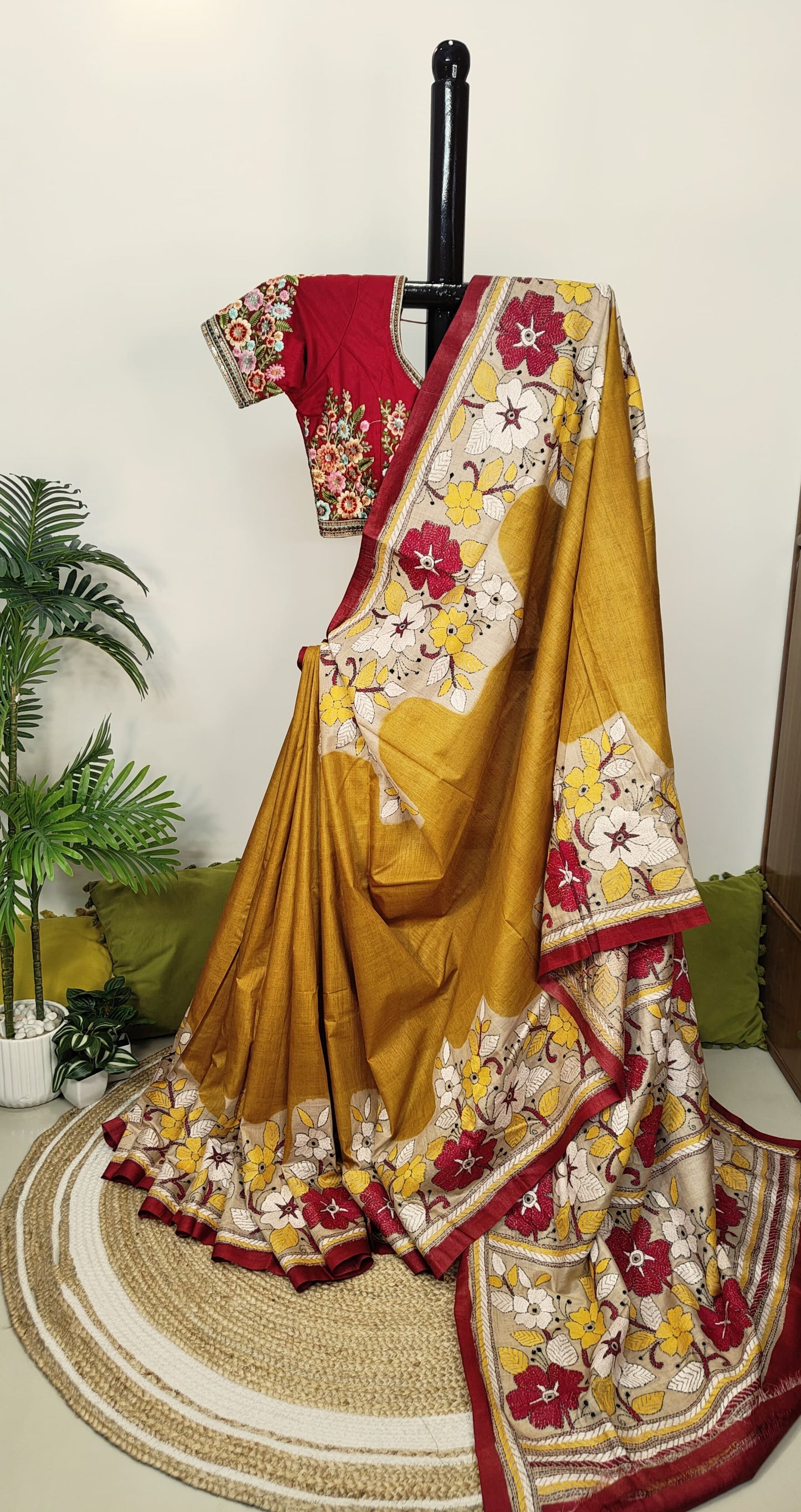 Sold Out Pure Tussar Gachi Silk Kantha Saree– A Mustard Marvel-Sold in Bangalore