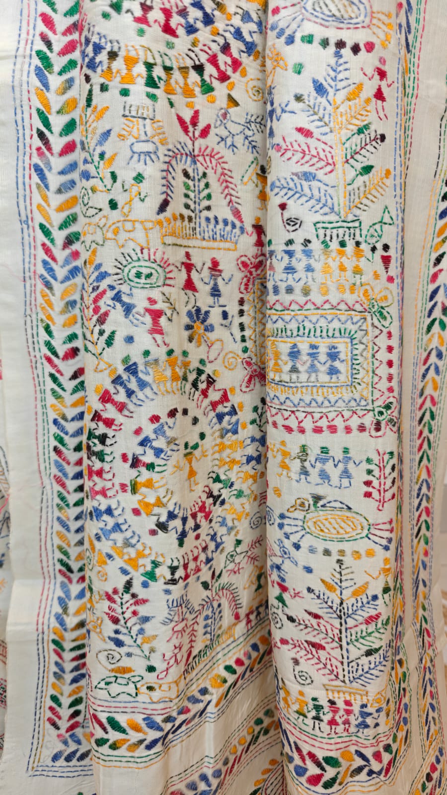 Pure Tussar Silk Kantha Saree – Warli Whispers on White (Golpo Kantha)