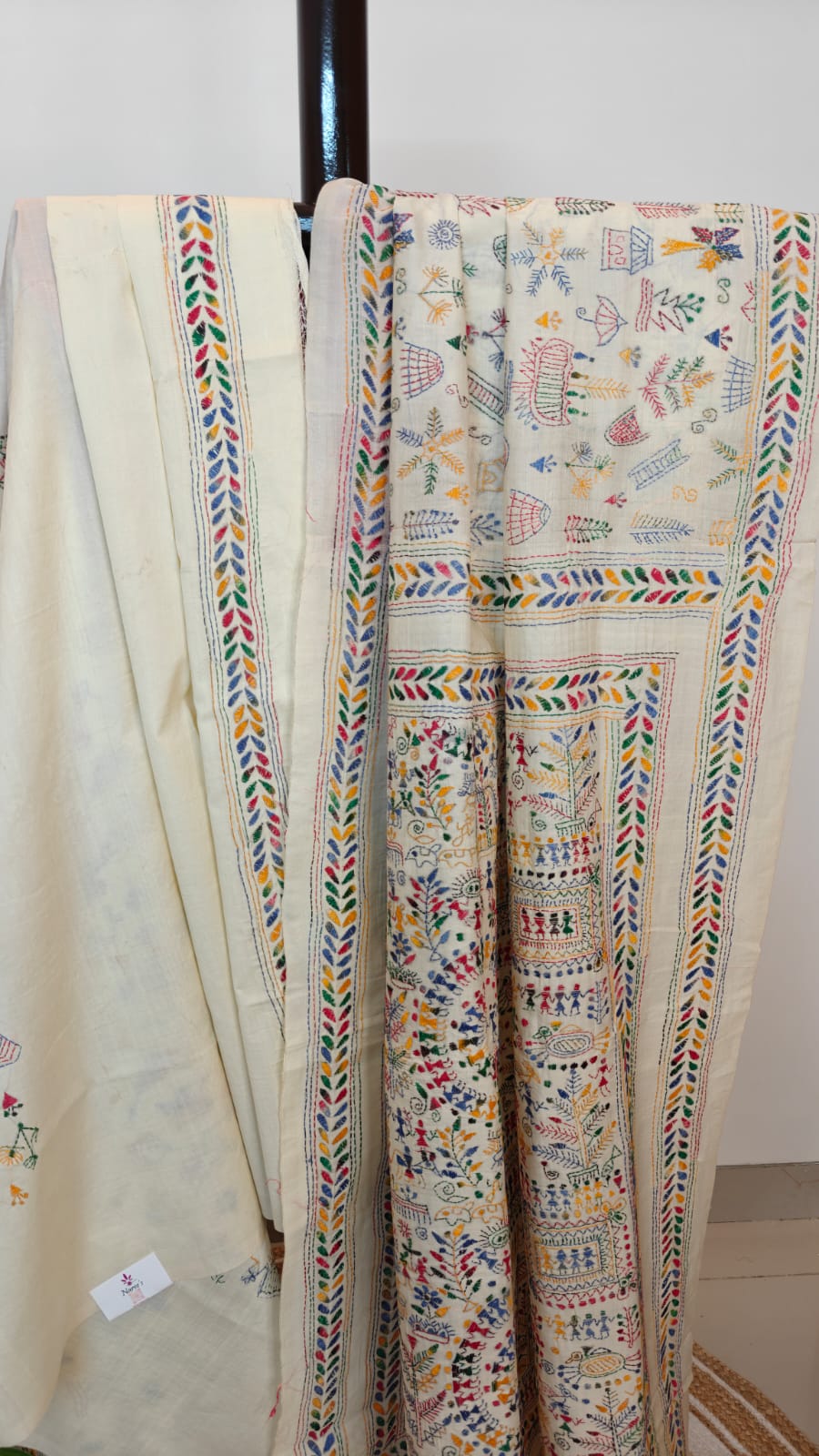 Pure Tussar Silk Kantha Saree – Warli Whispers on White (Golpo Kantha)