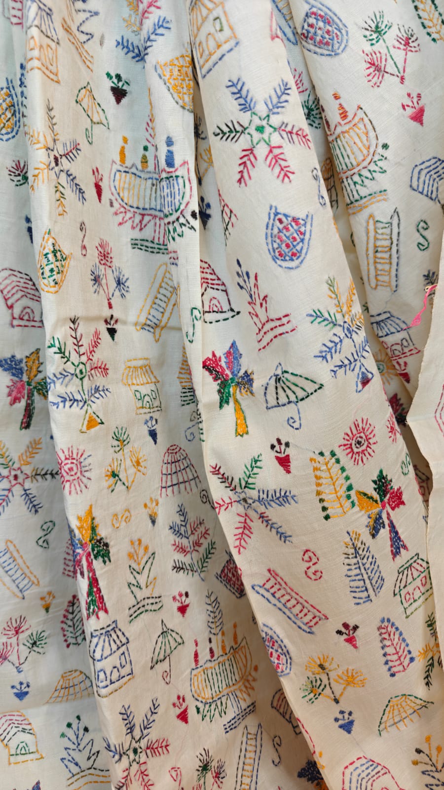 Pure Tussar Silk Kantha Saree – Warli Whispers on White (Golpo Kantha)