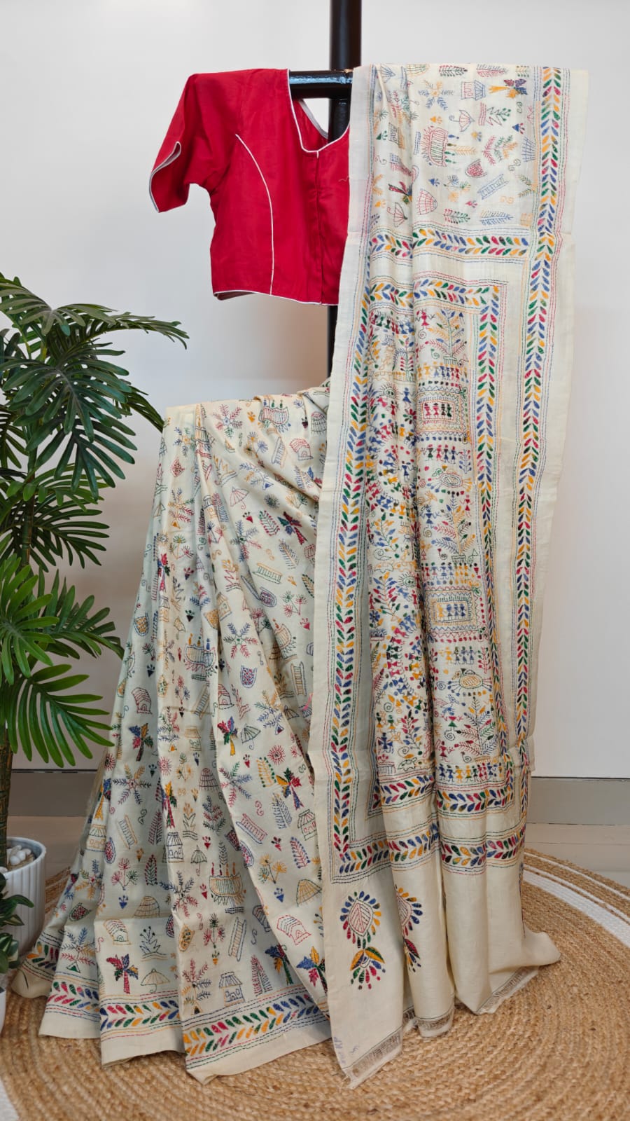 Pure Tussar Silk Kantha Saree – Warli Whispers on White (Golpo Kantha)