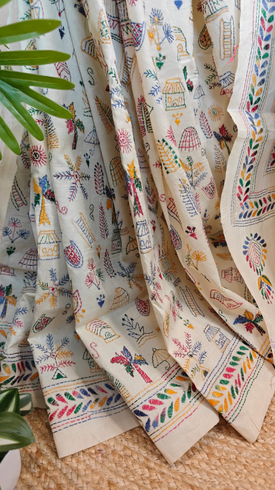 Pure Tussar Silk Kantha Saree – Warli Whispers on White (Golpo Kantha)