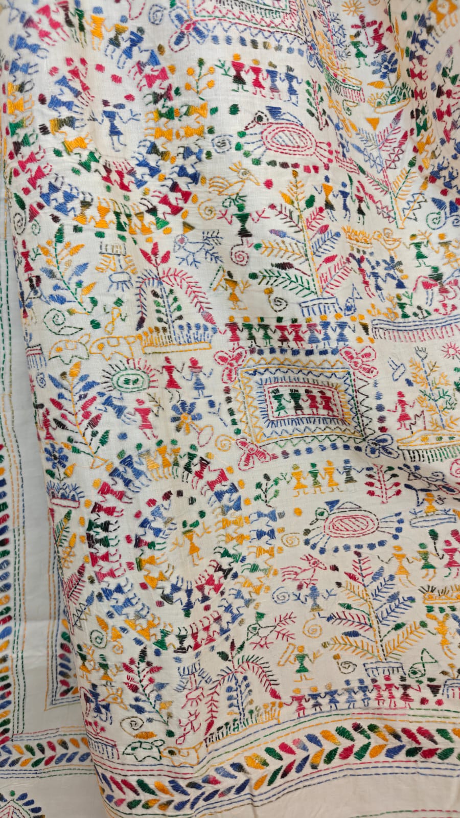 Pure Tussar Silk Kantha Saree – Warli Whispers on White (Golpo Kantha)