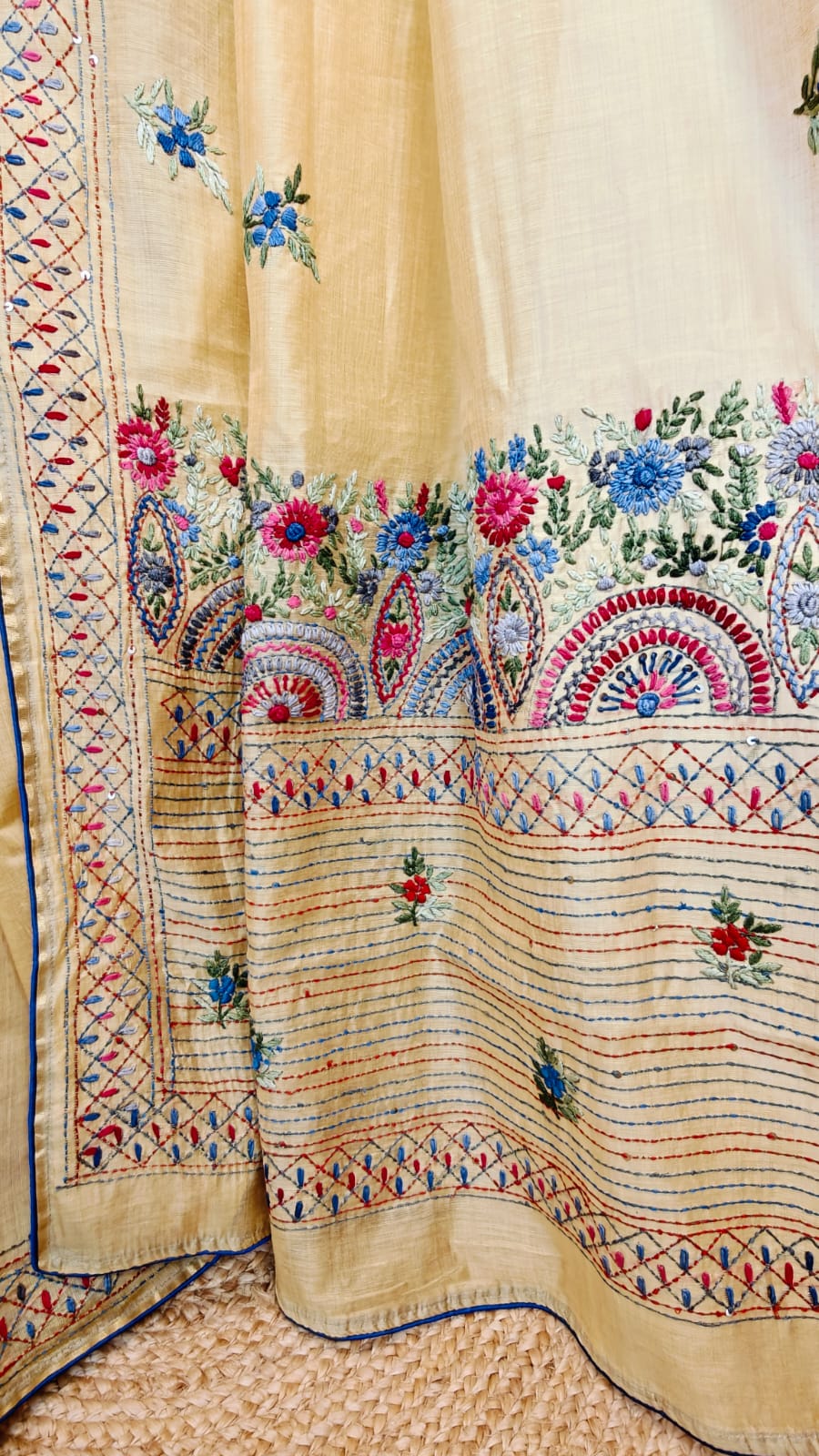 Sold out Soft Silk Parsi Bullion Hand Embroidered Saree-Regal Threads on Gentle Silk