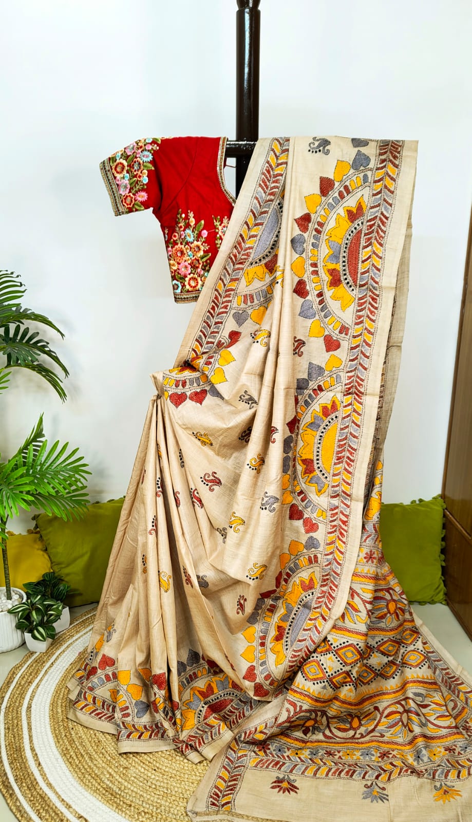 Pure Tussar Silk Kantha Stitch Saree – Regal Threads of Tradition