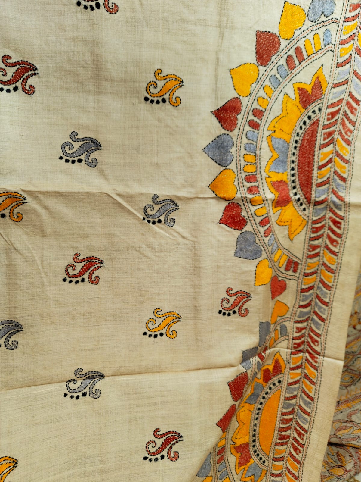 Pure Tussar Silk Kantha Stitch Saree – Regal Threads of Tradition