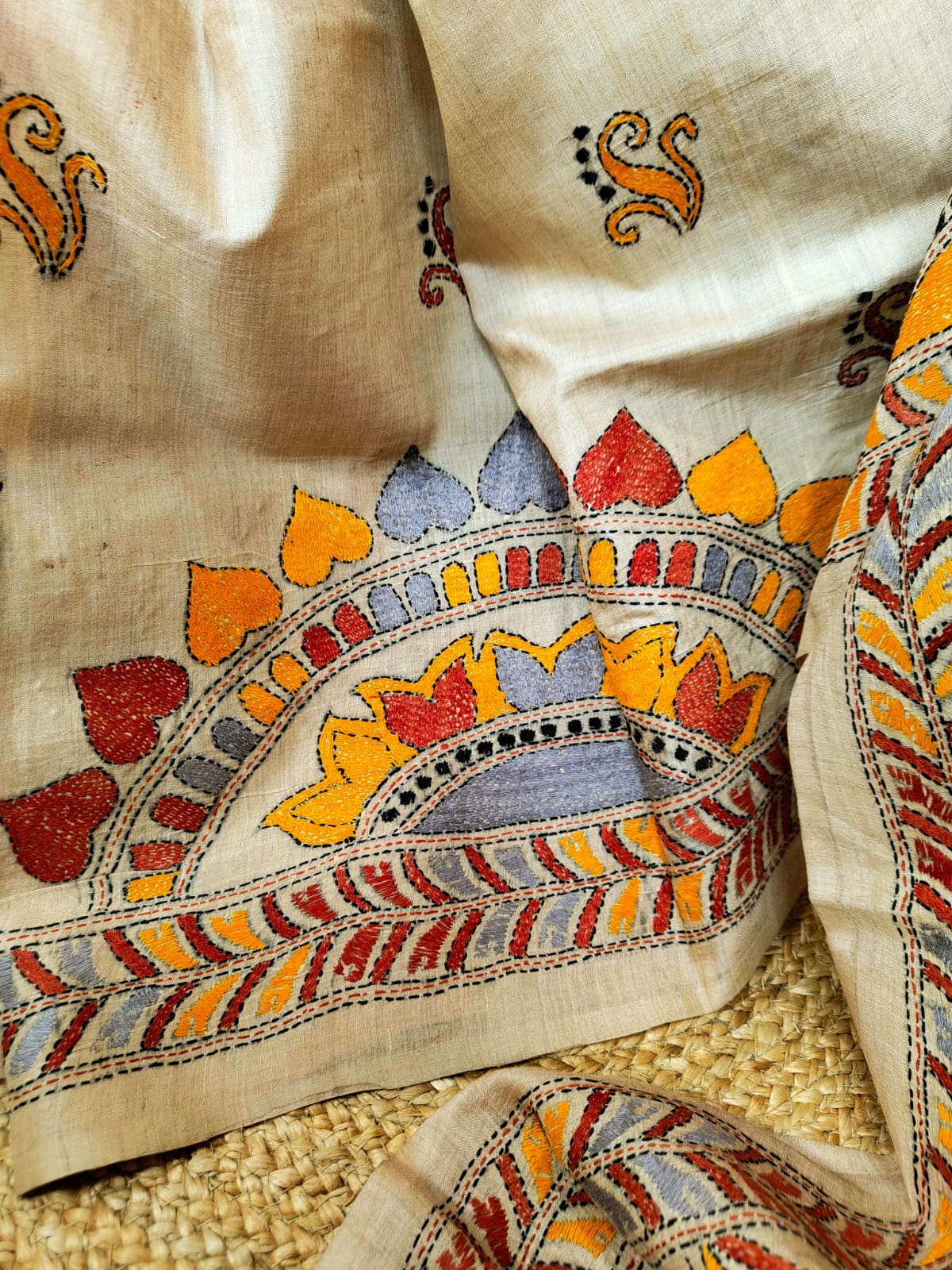 Pure Tussar Silk Kantha Stitch Saree – Regal Threads of Tradition