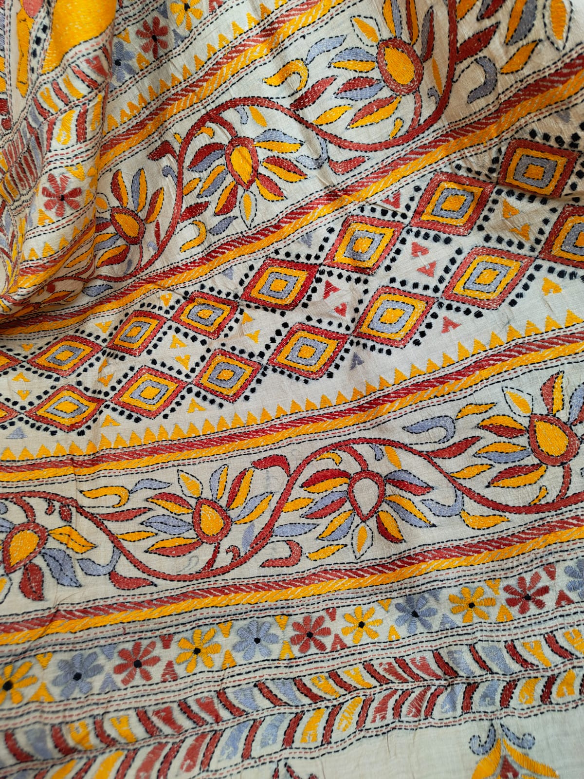 Pure Tussar Silk Kantha Stitch Saree – Regal Threads of Tradition