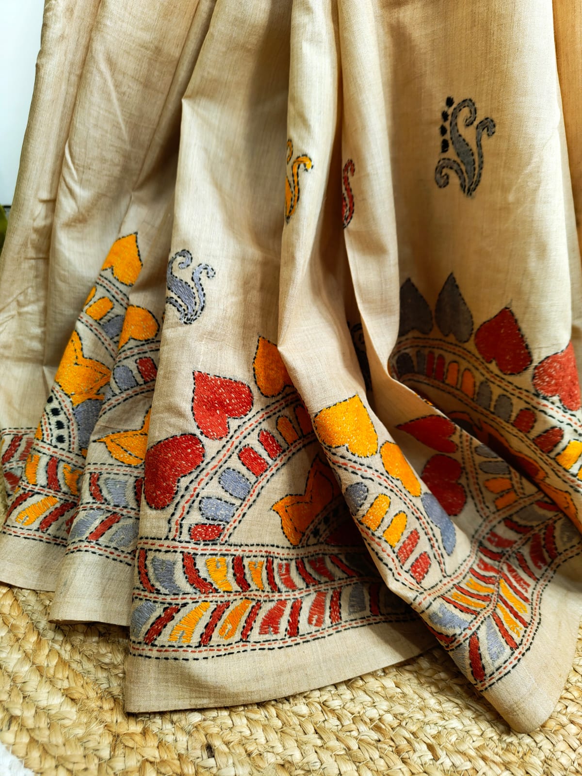 Pure Tussar Silk Kantha Stitch Saree – Regal Threads of Tradition