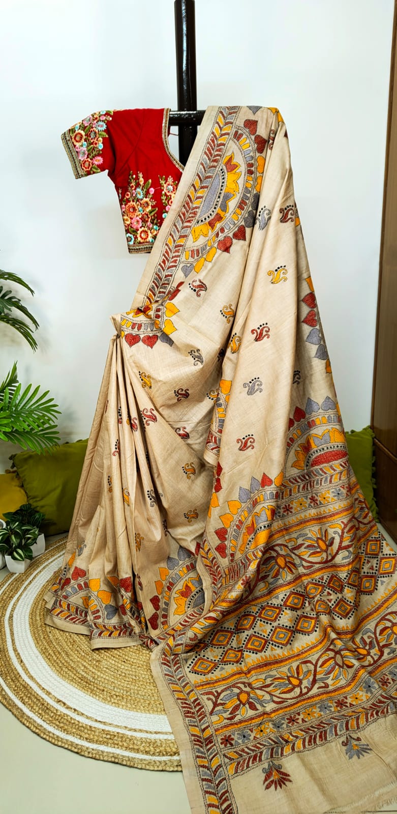 Pure Tussar Silk Kantha Stitch Saree – Regal Threads of Tradition