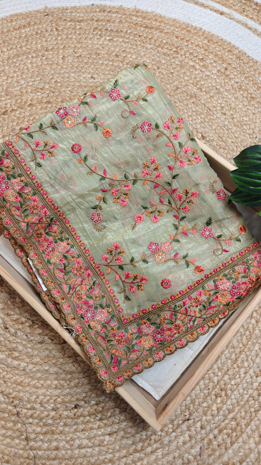 Glass Tissue Embroidered Saree – Light Green Radiance for Your Special Day
