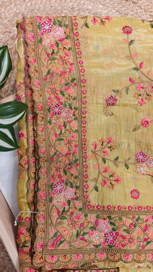 Glass Tissue Embroidered Saree – Light Mustard Yellow Glow for Your Special Day