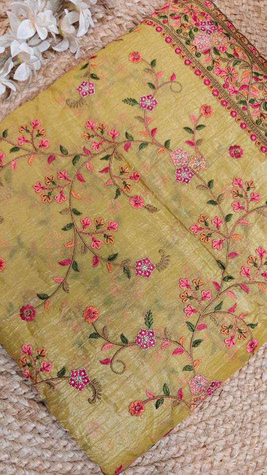 Glass Tissue Embroidered Saree – Light Mustard Yellow Glow for Your Special Day
