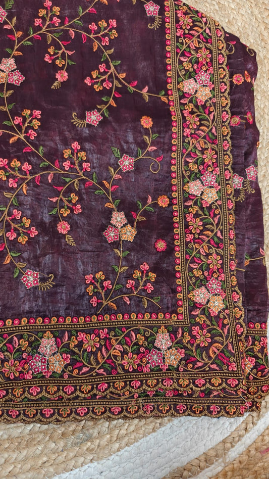 Glass Tissue Embroidered Saree – Wine-Hued Elegance for Your Special Day