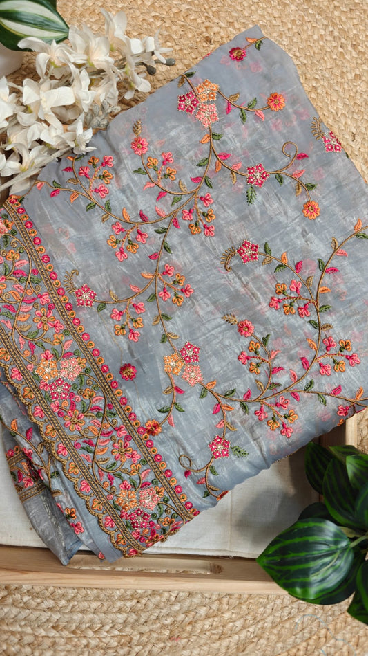 Glass Tissue Embroidered Saree – Grey Grace for Your Grand Entrance