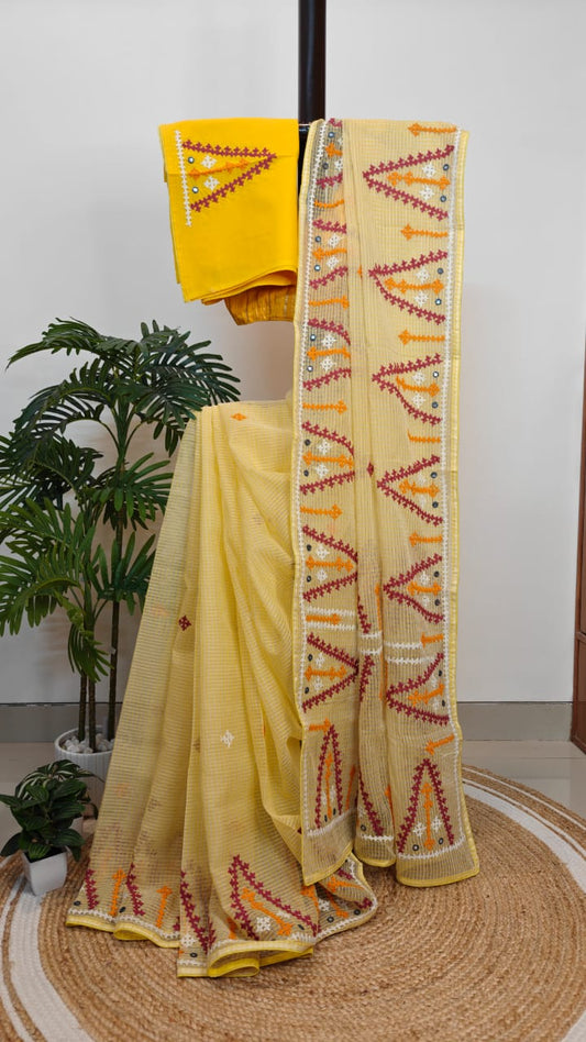 Pure Reshom Kota Saree with Gujarati and Kutch Hand Embroidery