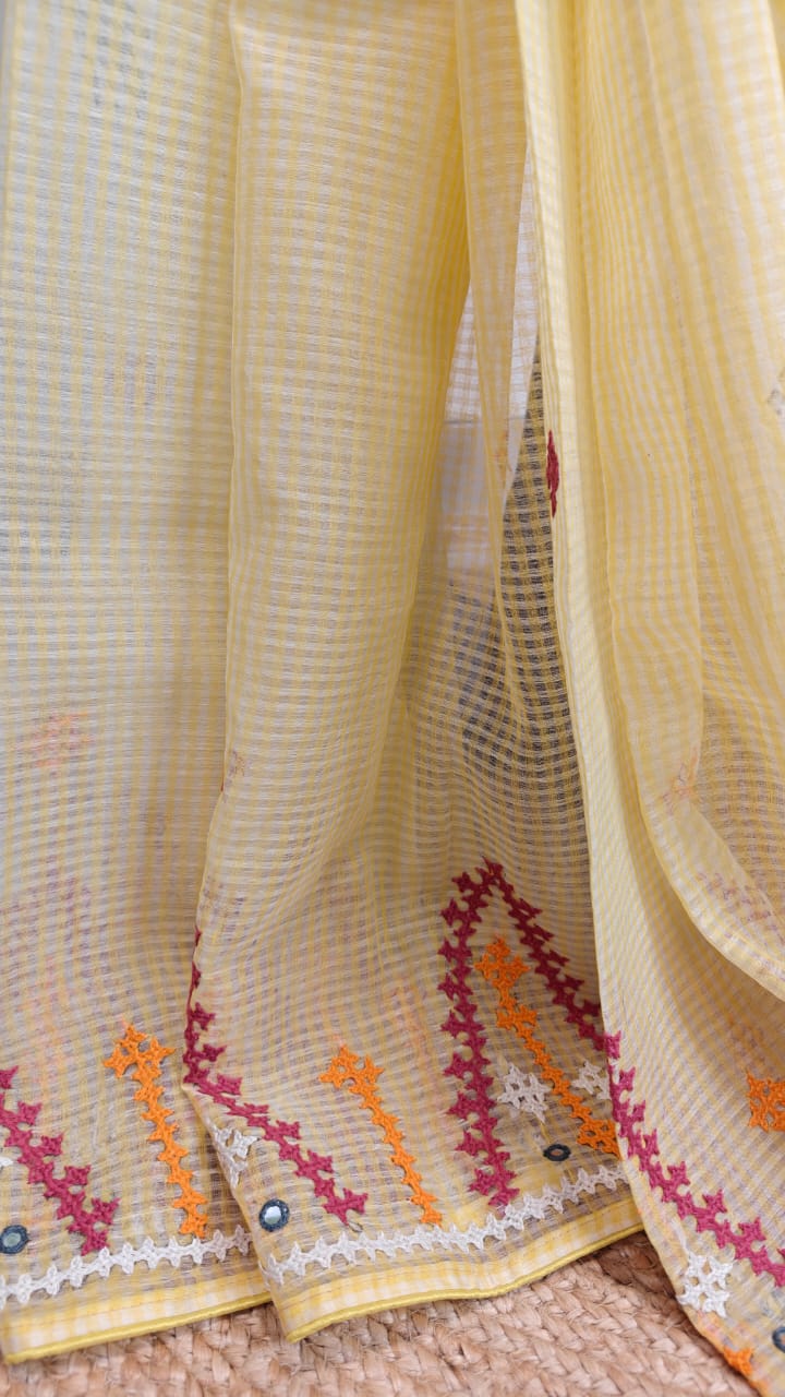 Pure Reshom Kota Saree with Gujarati and Kutch Hand Embroidery