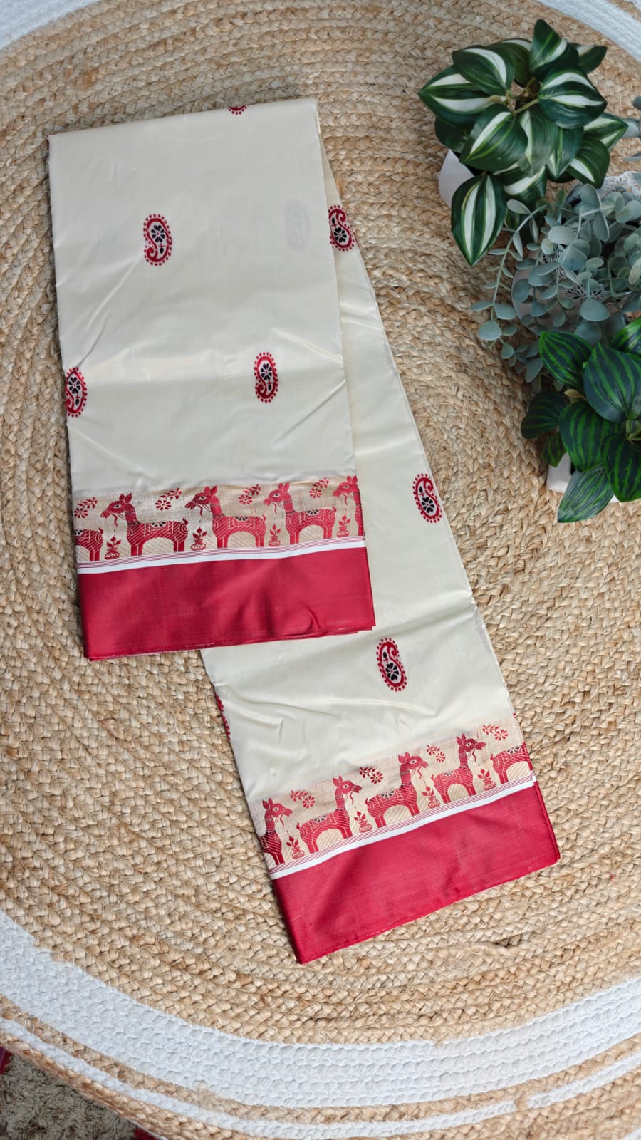Sold out Authentic Garad Mulberry Silk Saree – Creamy White Elegance Infused with Baluchori and Assam Weaving Traditions