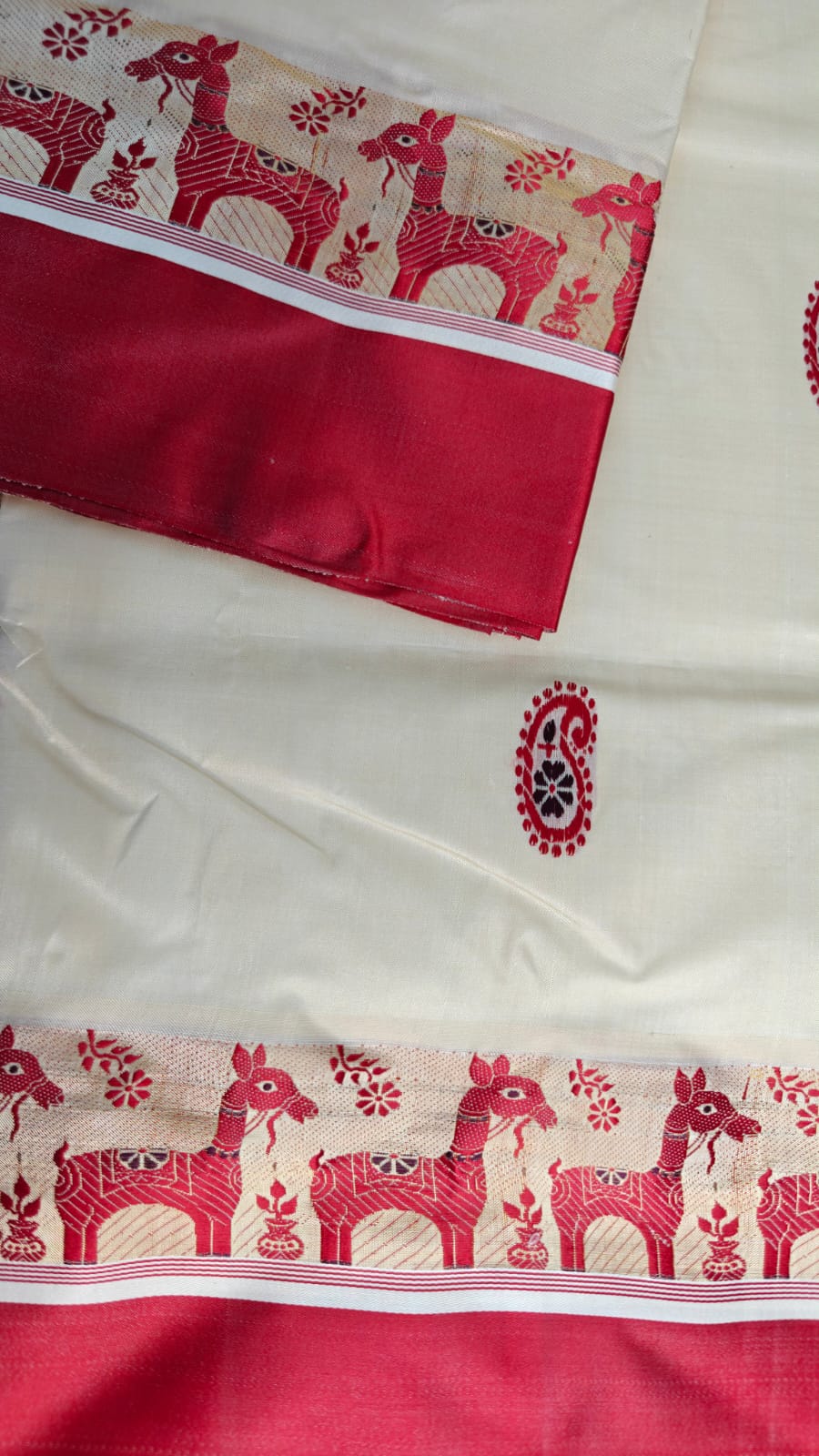 Sold out Authentic Garad Mulberry Silk Saree – Creamy White Elegance Infused with Baluchori and Assam Weaving Traditions