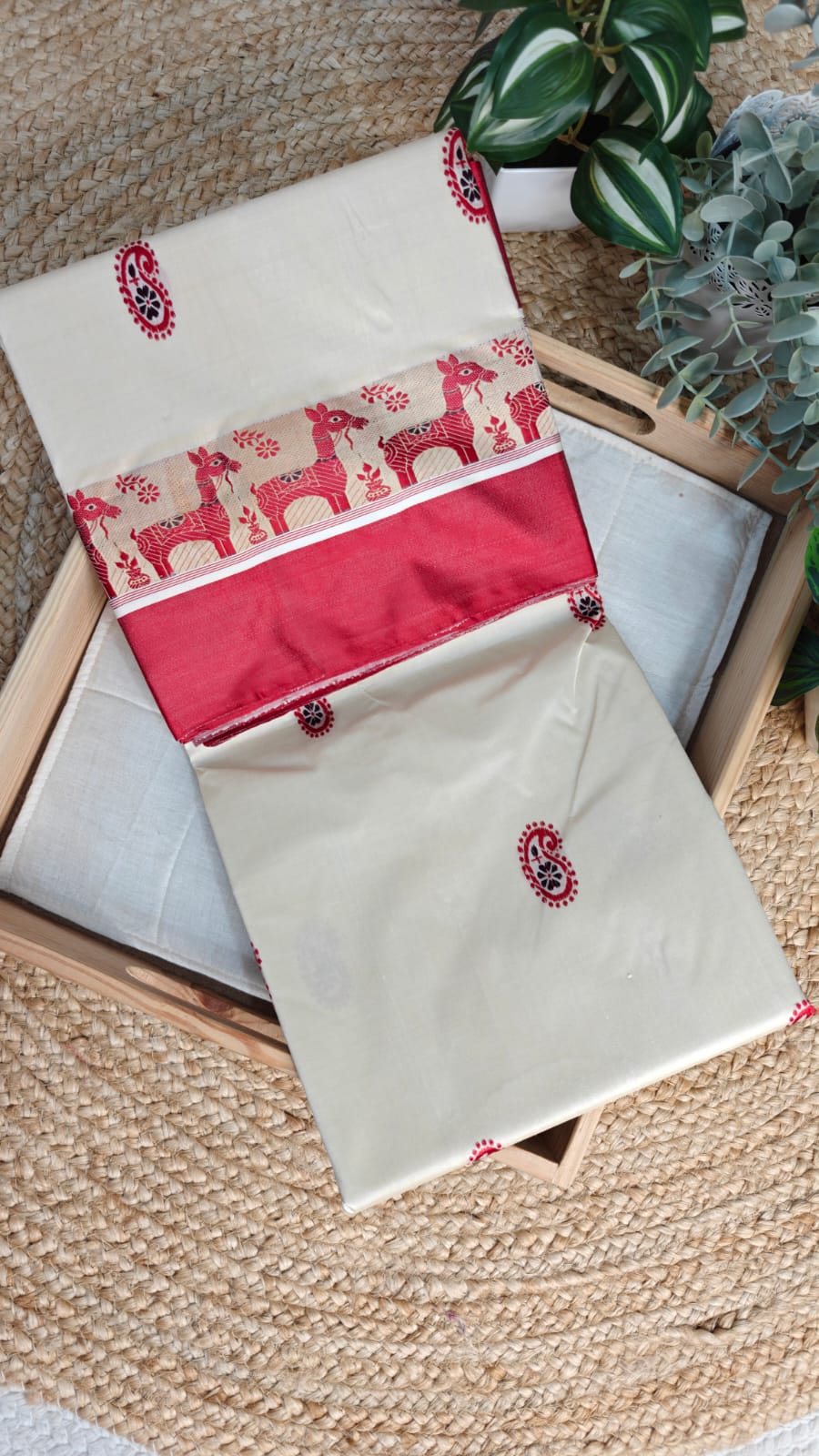 Sold out Authentic Garad Mulberry Silk Saree – Creamy White Elegance Infused with Baluchori and Assam Weaving Traditions