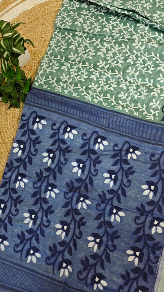 Bengal Jamdani Saree Bright Pista Green Pure Cotton-Whispers of Indigo and Leaf