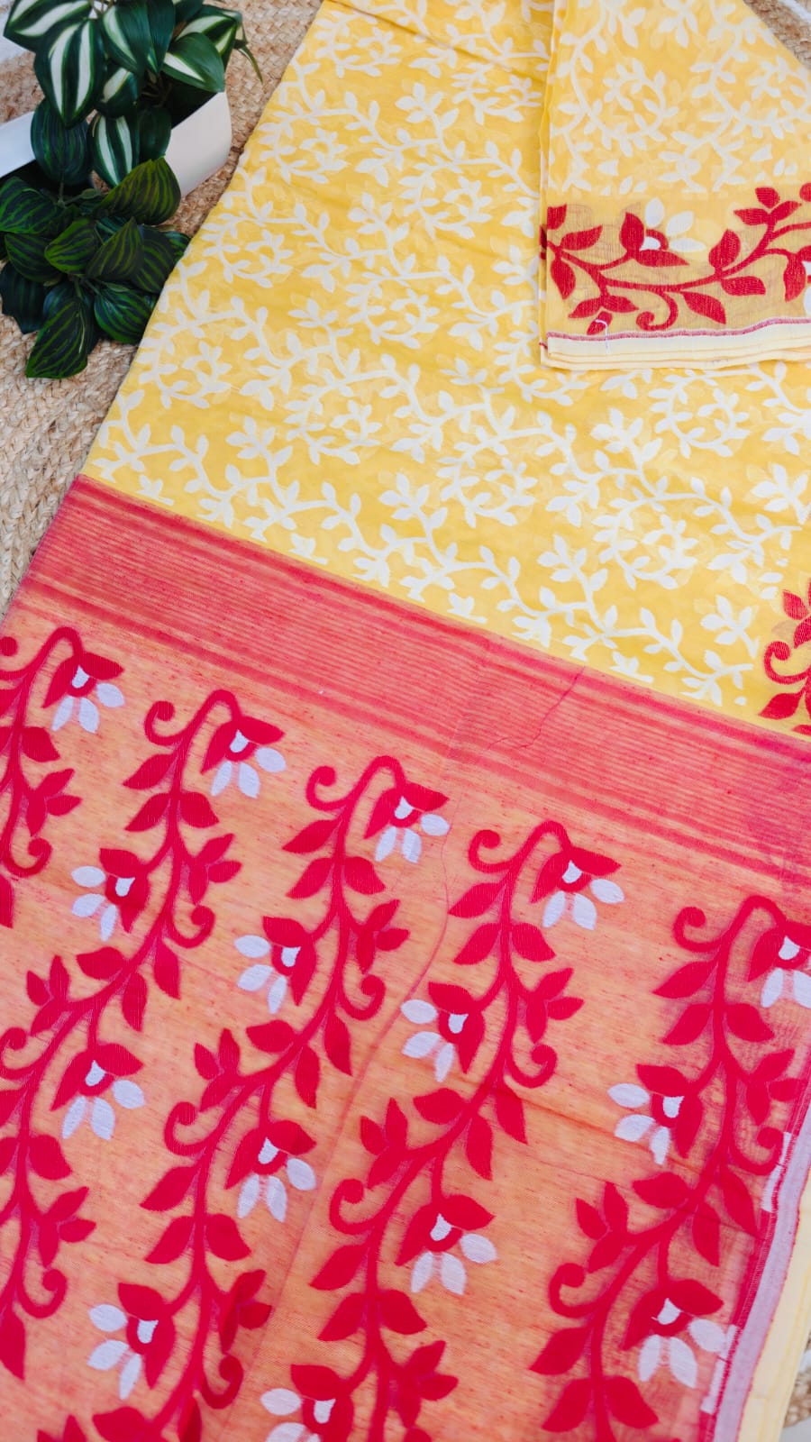 Sold out Bengal Jamdani Saree Bright Yellow Pure Cotton– Leaf and Bloom Harmony