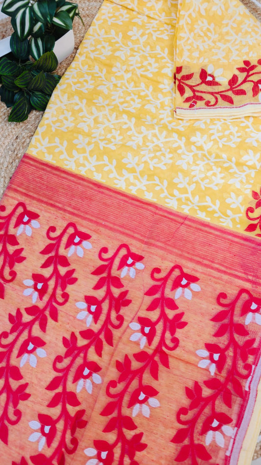 Sold out Bengal Jamdani Saree Bright Yellow Pure Cotton– Leaf and Bloom Harmony