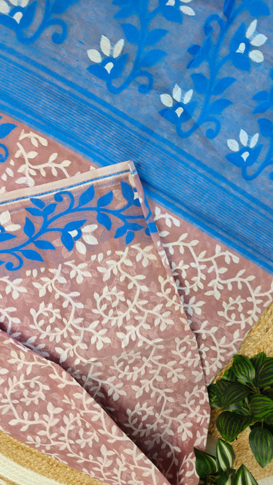 Bengal Jamdani saree Bright Rose Gold Pure Cotton–Sky Bloom and Whispered Leaves