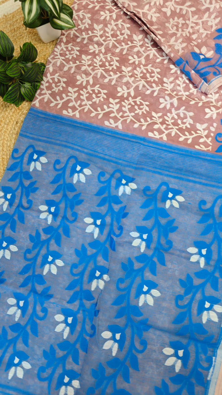 Bengal Jamdani saree Bright Rose Gold Pure Cotton–Sky Bloom and Whispered Leaves