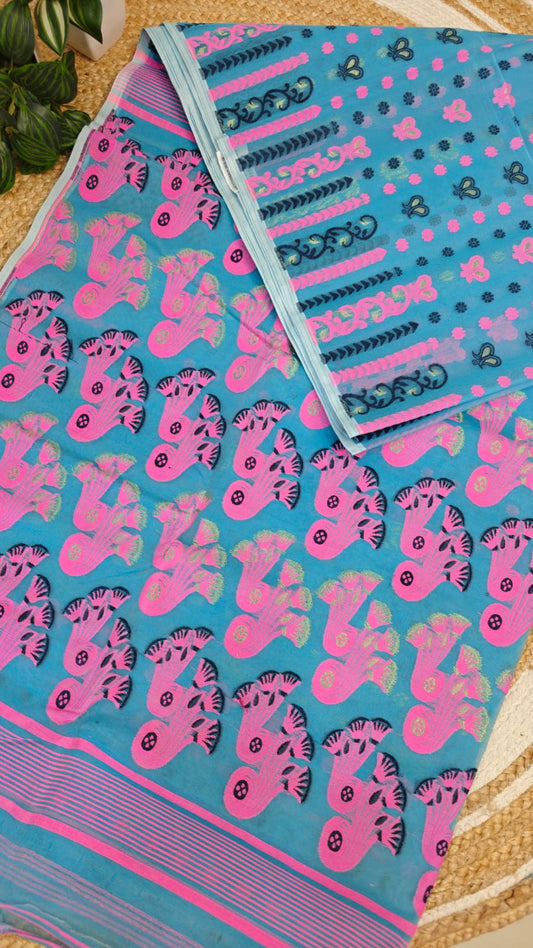 Bengal Jamdani Saree Sky Blue Pure Cotton  – Threads of Contrast and Tradition